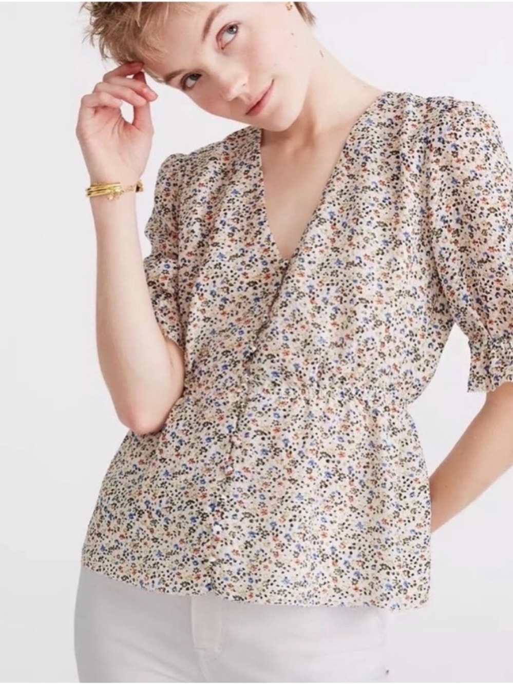 Madewell Cream Floral V-Neck Blouse with Blue and Brown Ditsy Print